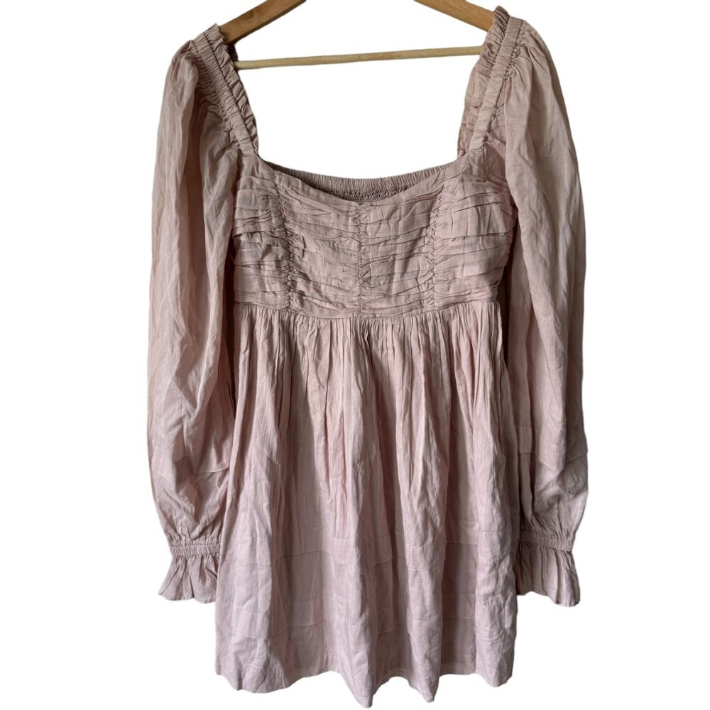 Tularosa Oakland Dress Sz Sm Shadow Pink Smocking Ruffled Sleeve Pockets Pull On